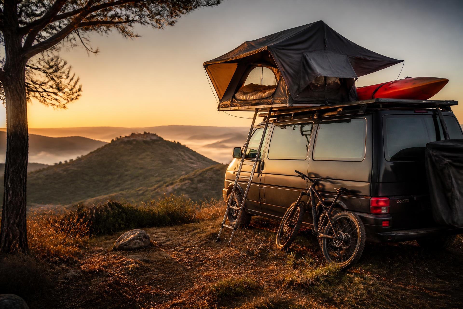 Van con tenda da tetto al tramonto tra le colline del Lazio